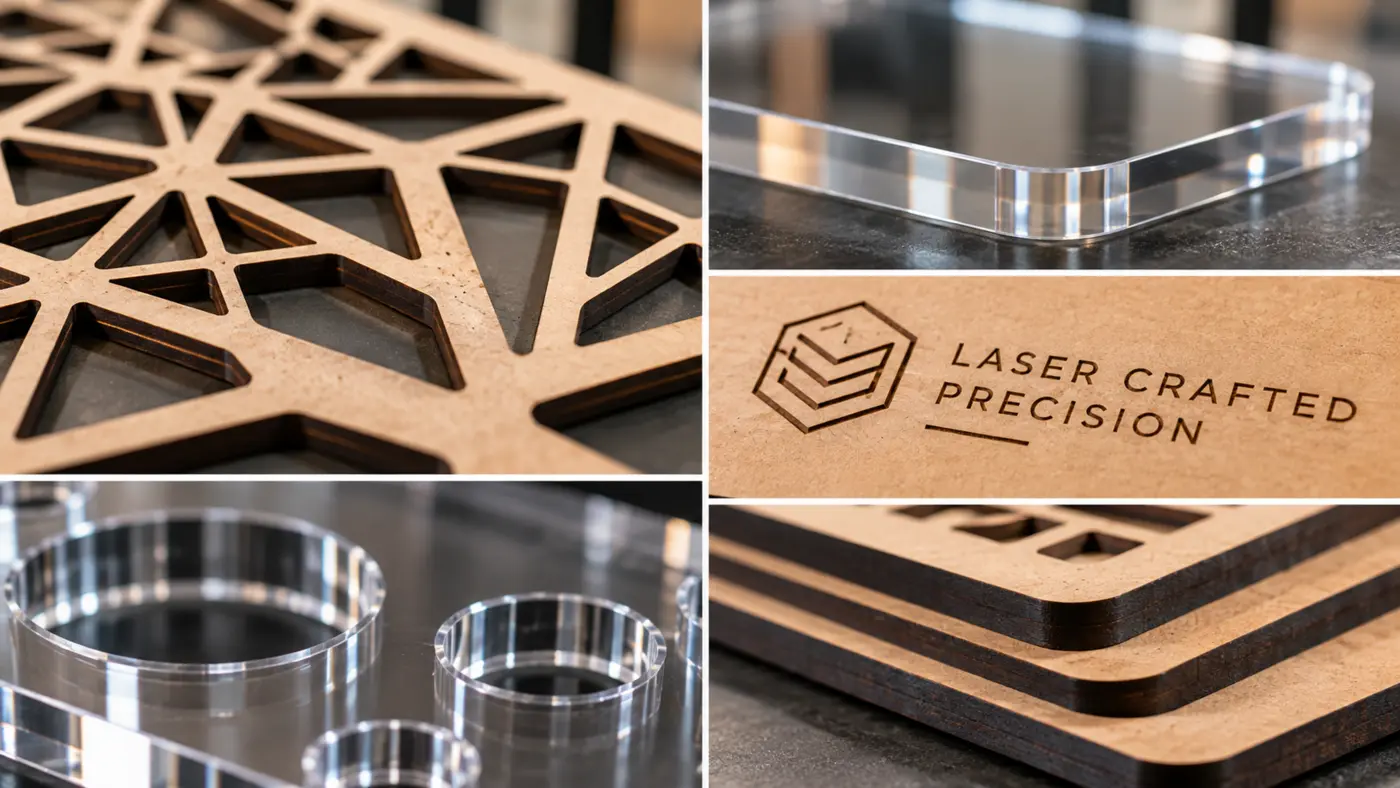 Close-up examples of laser cutting and engraving finishes