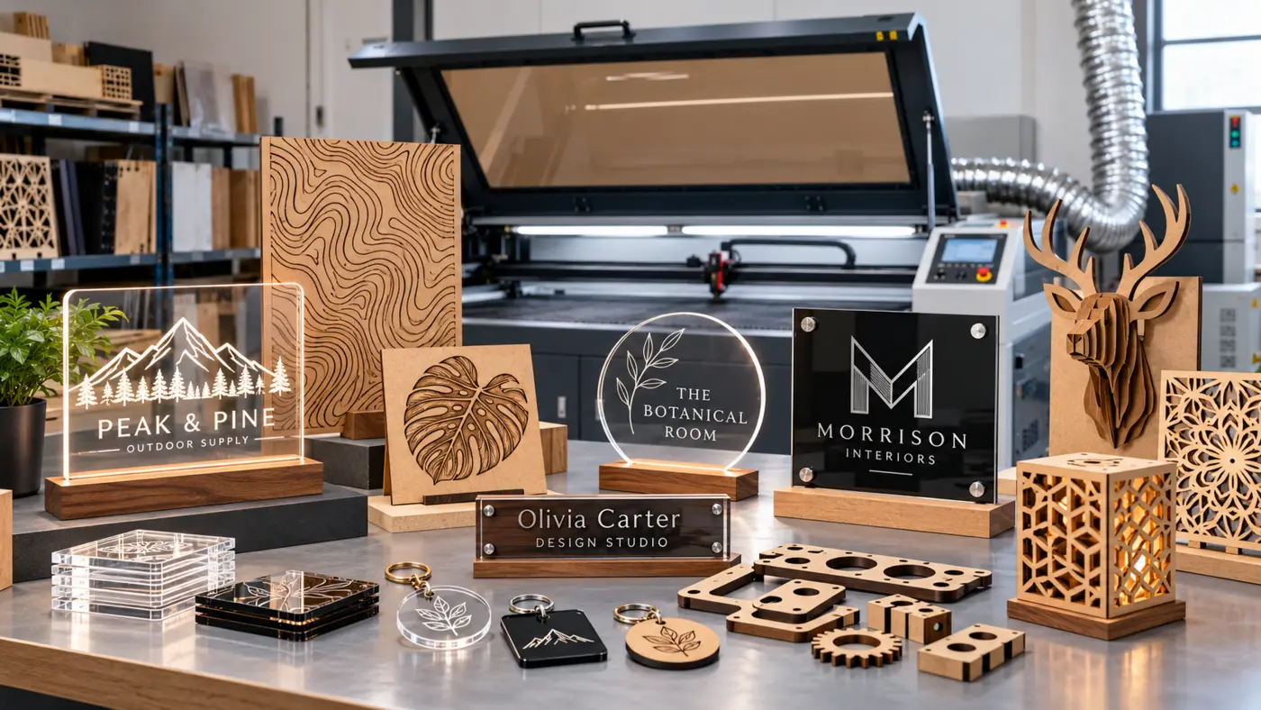 Laser-cut acrylic and wooden branding products