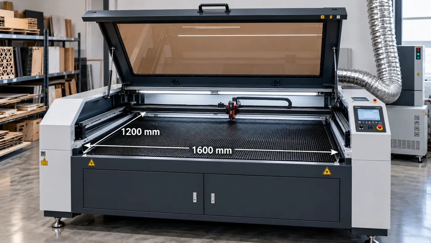 CO₂ laser machine showing the 1200 by 1600 millimetre work area